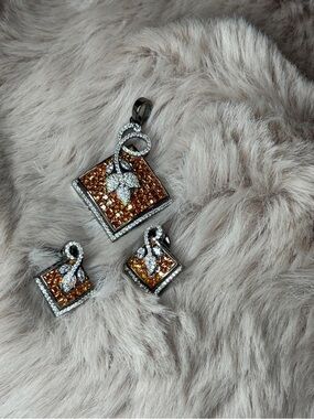 Sterling Silver Amber Crystal Square Pendant & Earrings Set